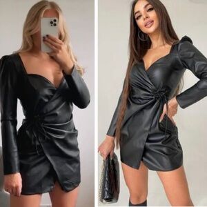 Zara Black Faux Leather Long Sleeve Wrap Mini Dress Medium Blogger Favorite